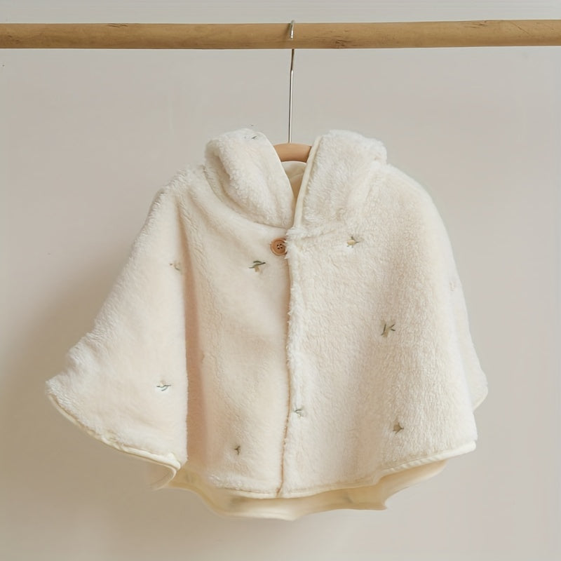 Children's Hooded Cape with Coral Velvet Outer and Linen Inner Windproof Warmth