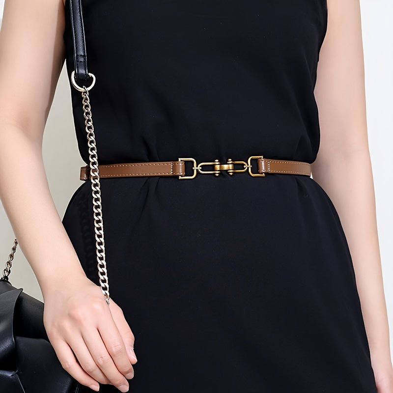 Women's Leather Thin Belt with Decorative Buckle Adjustable Waist Accessory
