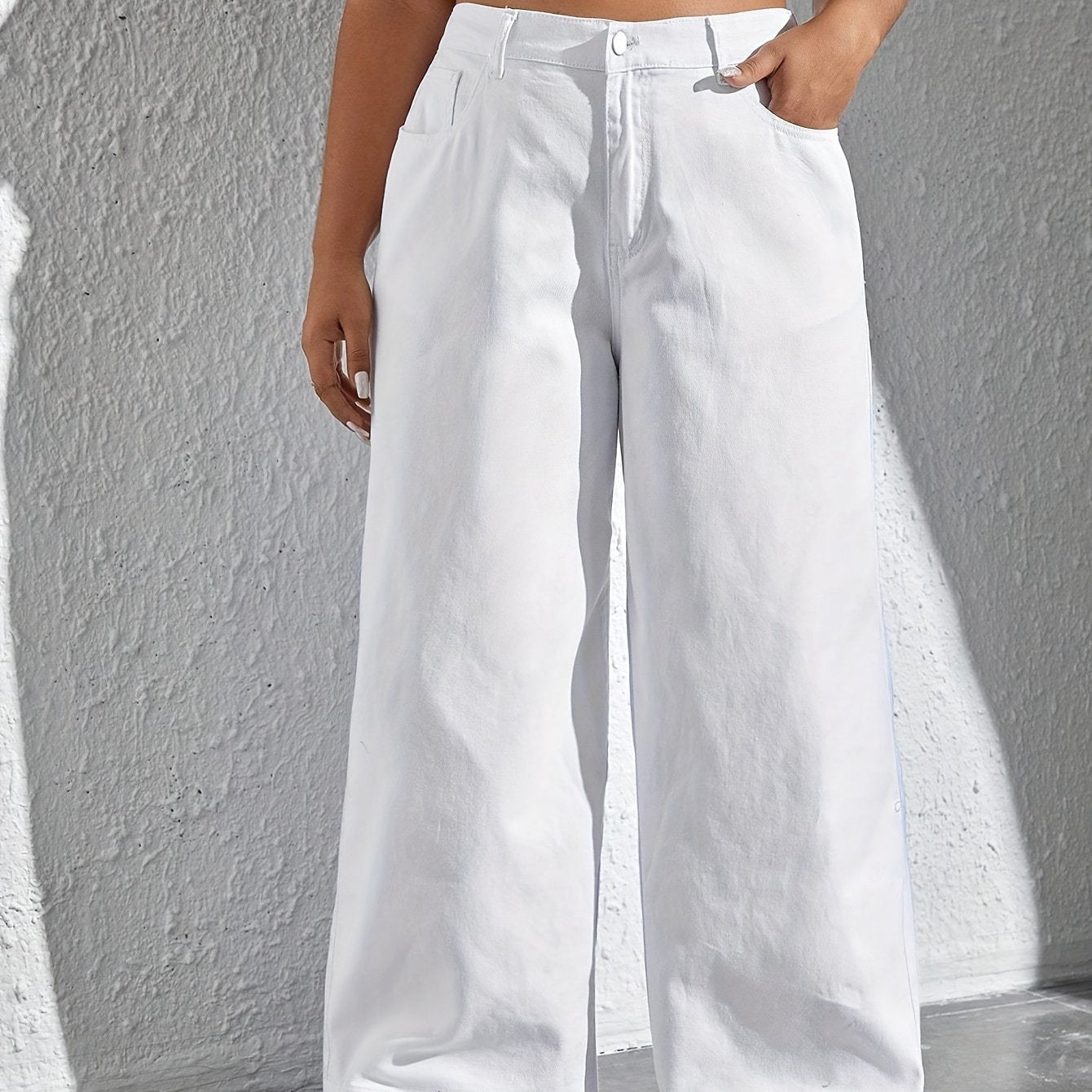 Plus Size Women's Wide Leg White Jeans with Slash Pockets Cotton Casual All-Season
