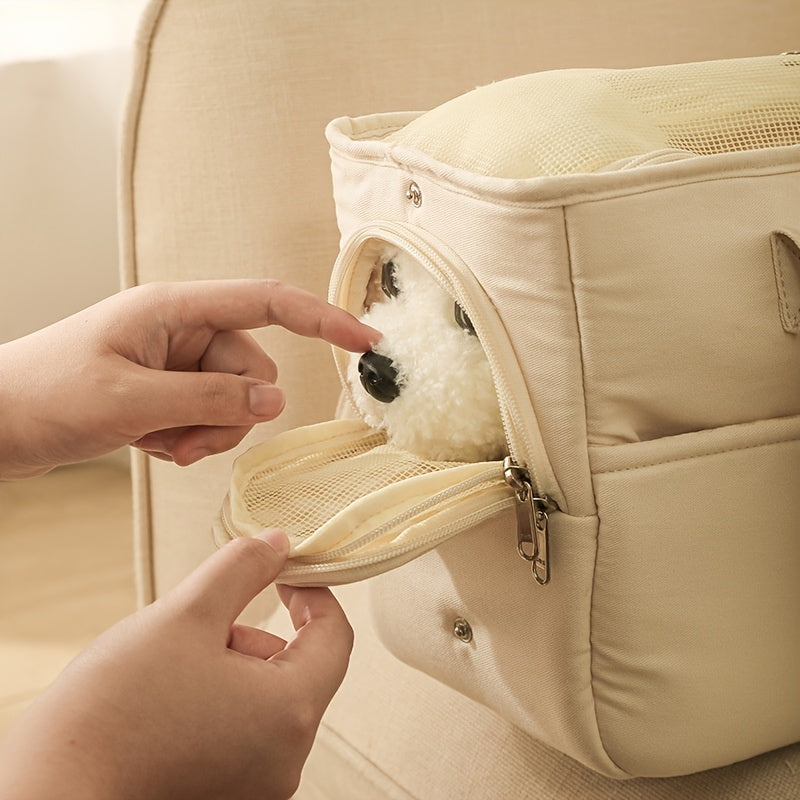 Portable Pet Travel Bag for Small Dogs and Cats Lightweight Breathable Polyester Beige with Checkered Interior