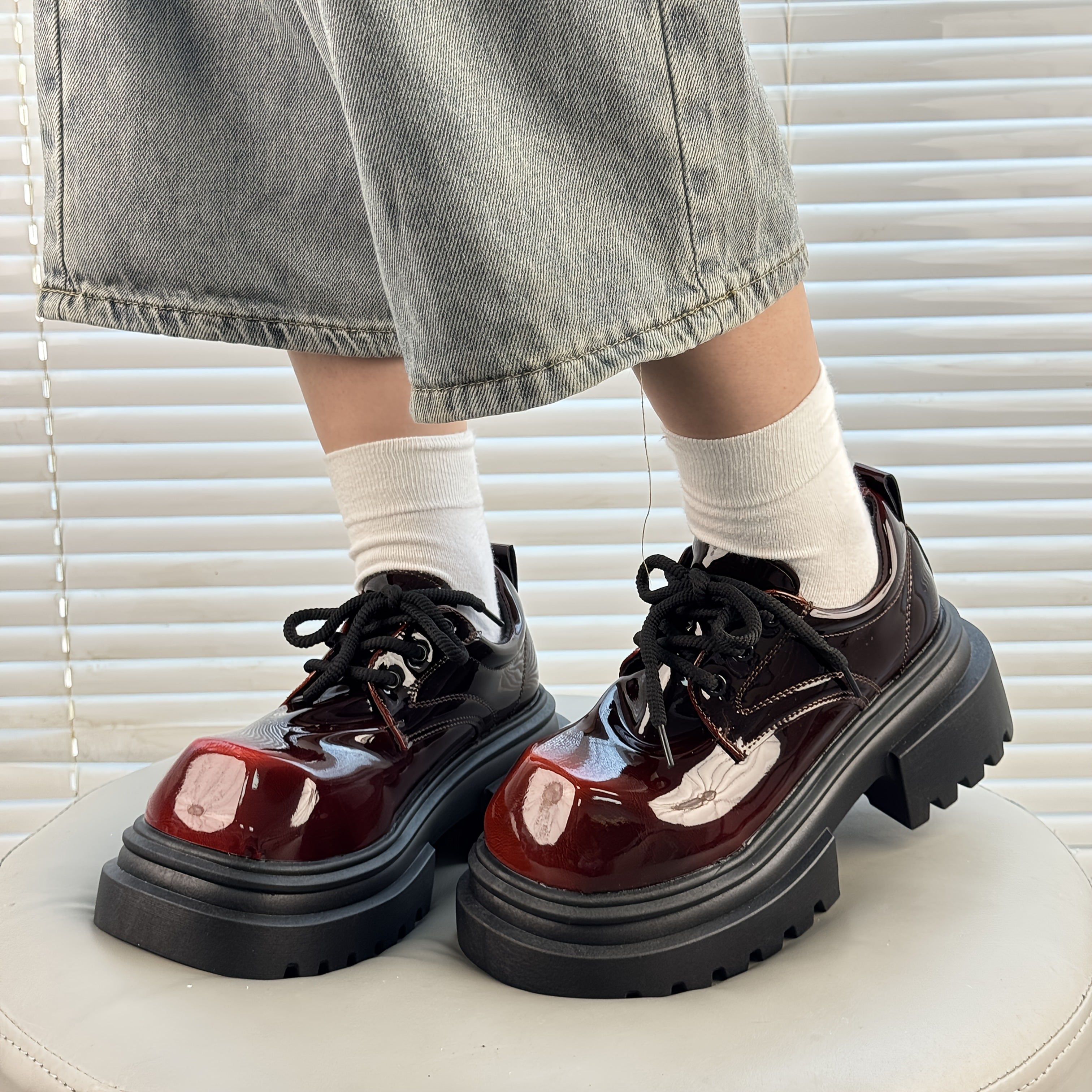 Women's Burgundy PU Chunky Shoes Non-Slip Rubber Sole For Formal & Casual