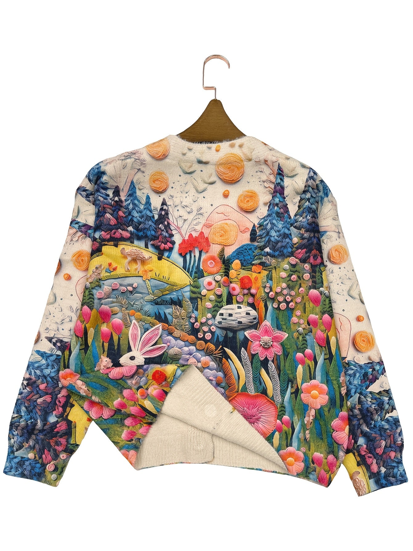 Plus Size Knitted Effect Cardigan with Rabbit Design V-Neck Long Sleeve