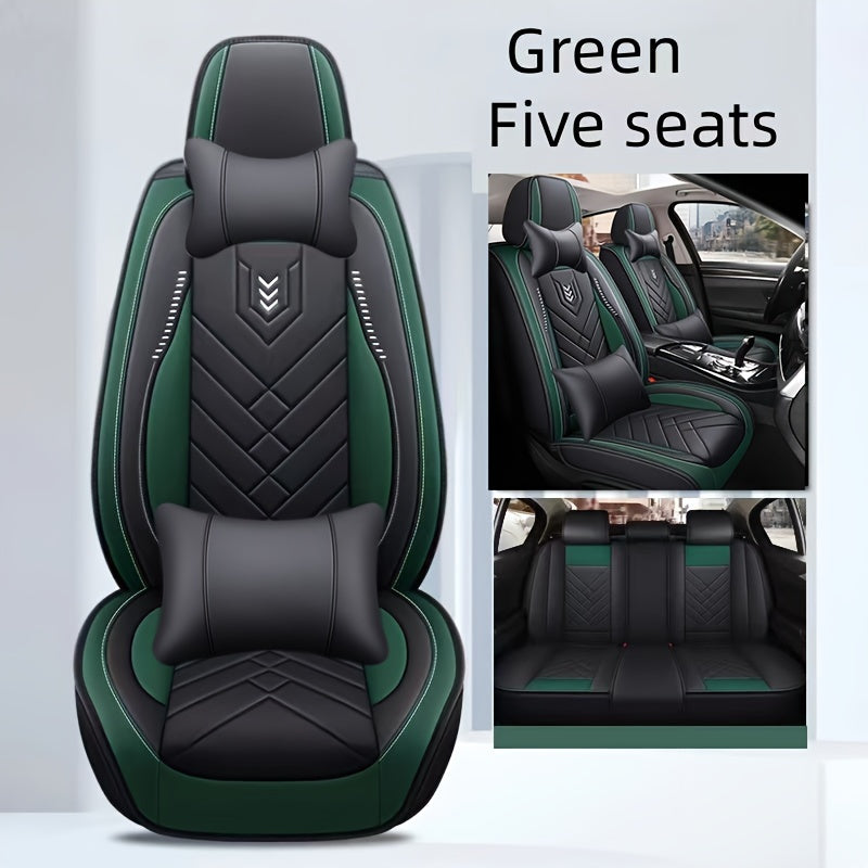 Qora va yashil o'rindiq qoplamalari 5-to'plam PU charm universal moslik uchun avtomobillar, SUV, yuk mashinalari