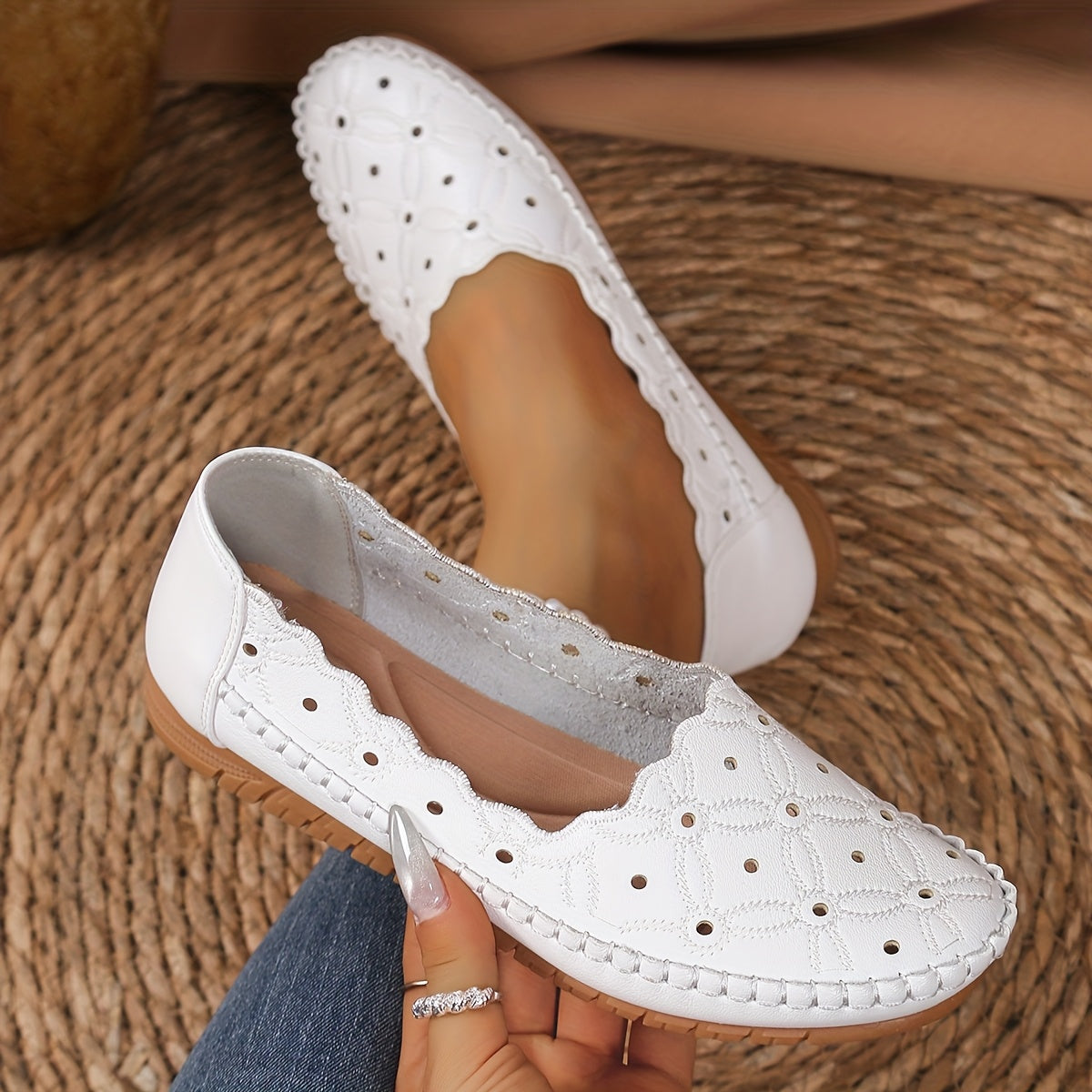 Women's Slip-On Flats White Synthetic Casual Shoes for Office and Everyday