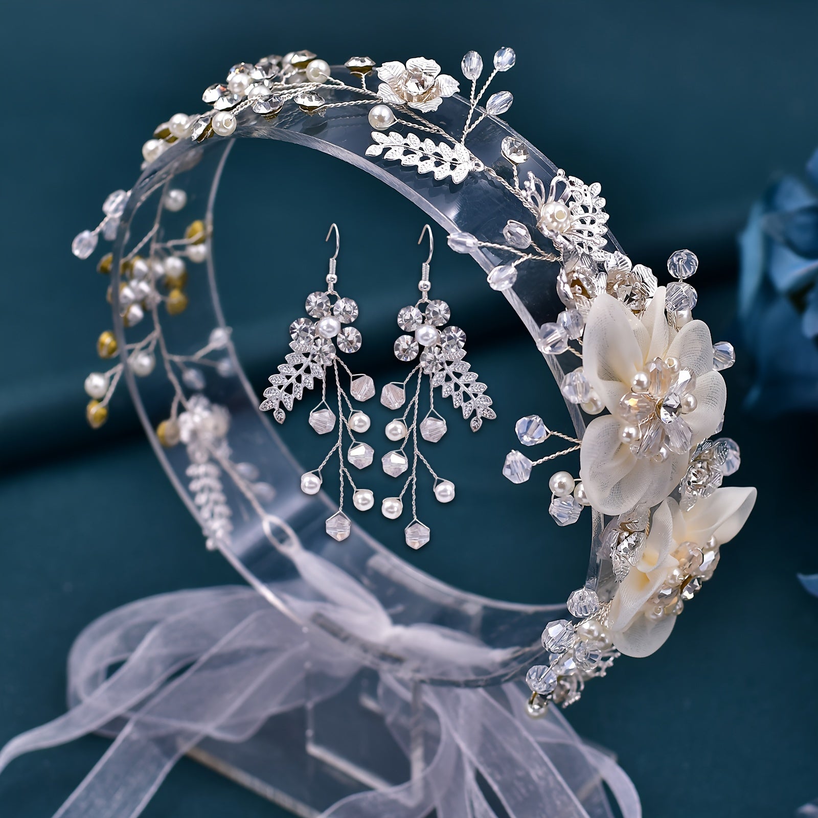 Bridal Hair Accessory Set Headband and Earrings with White Flowers and Rhinestones
