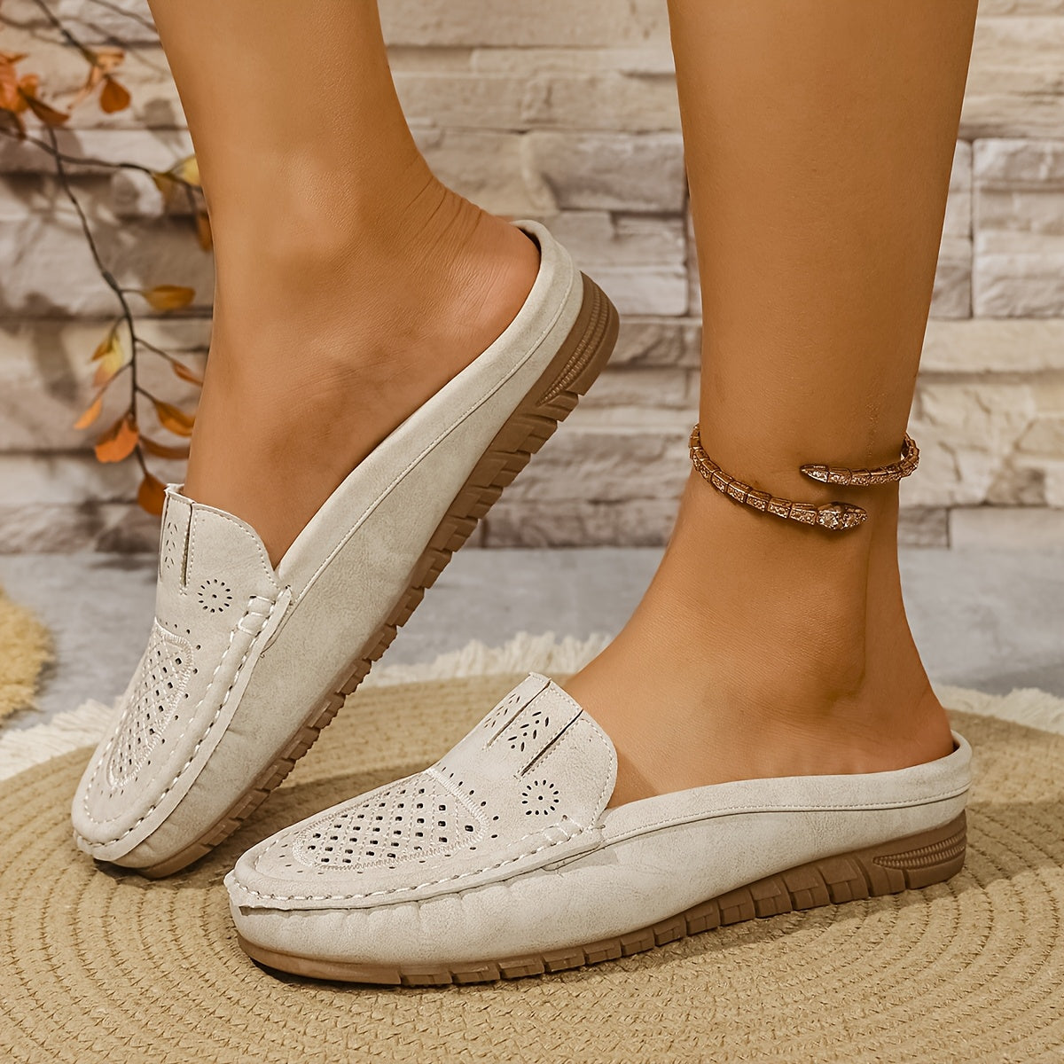 Women's Large Breathable Laser-Cut Slip-On Flats with Ankle Strap