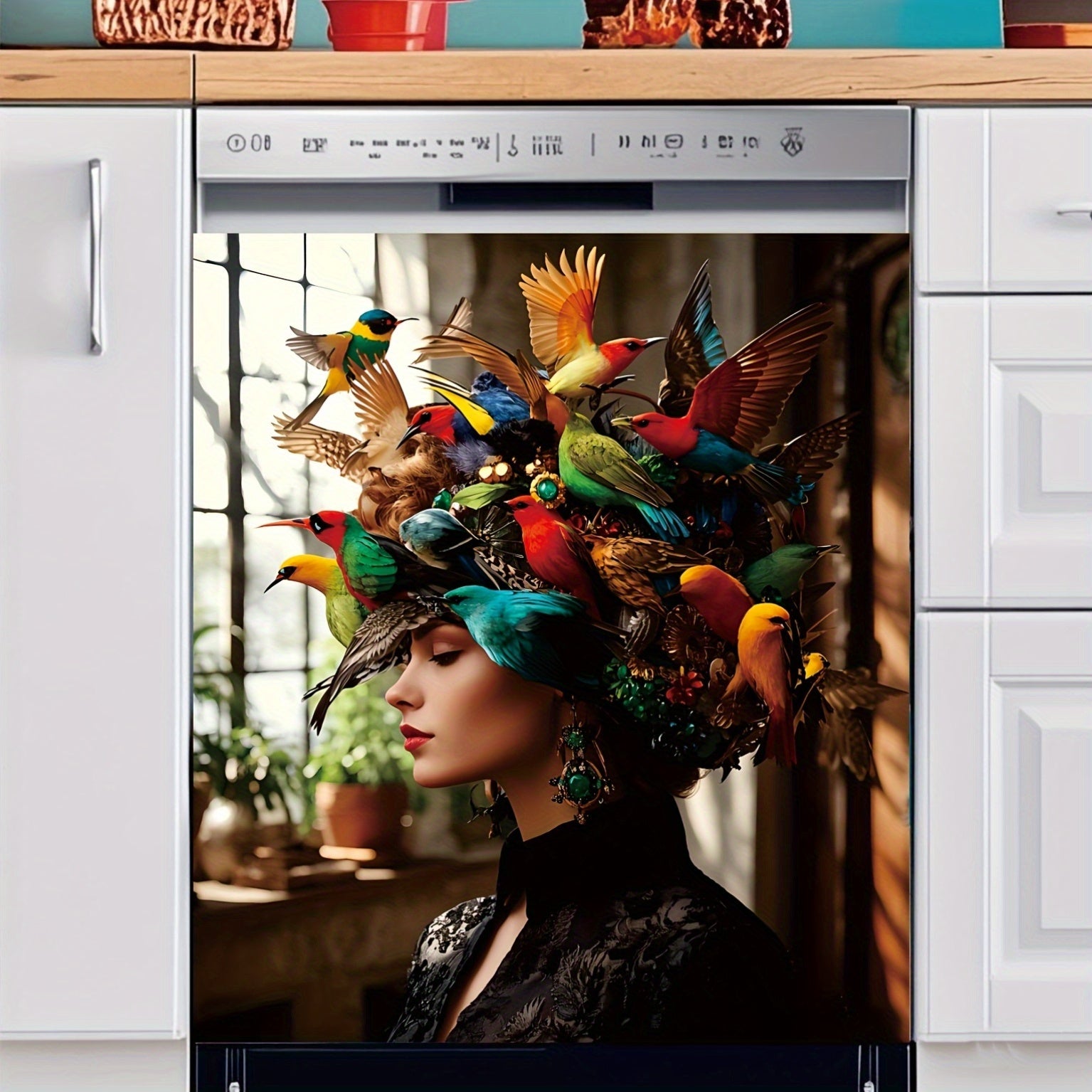 Floral Bird Crown Dishwasher Door Decal PVC No Battery Needed Home Decor Gift