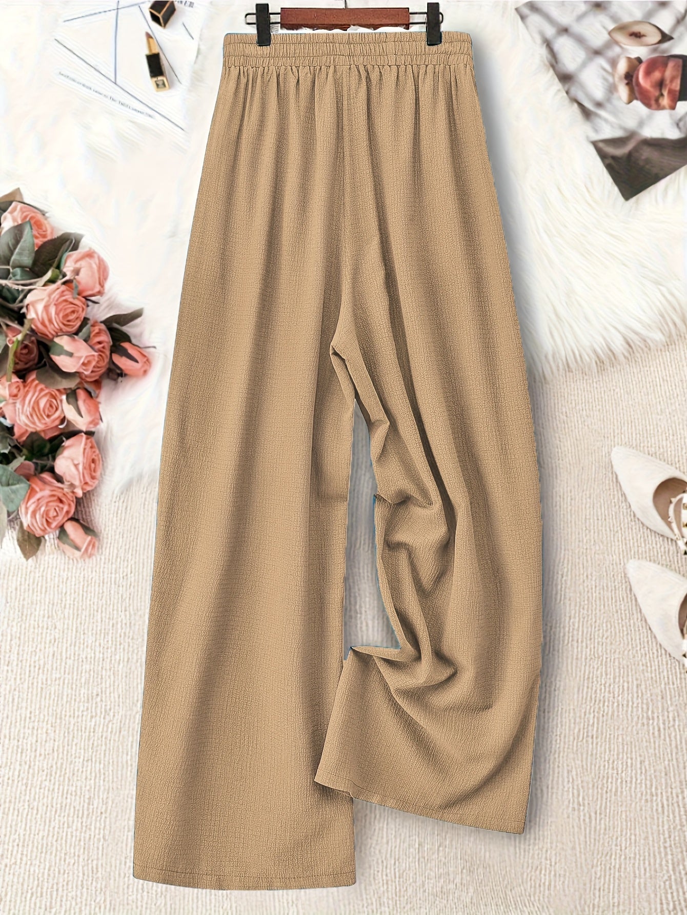 Plus Size Women's Wide-Leg Casual Pants Elastic Waist Maroon All-Season