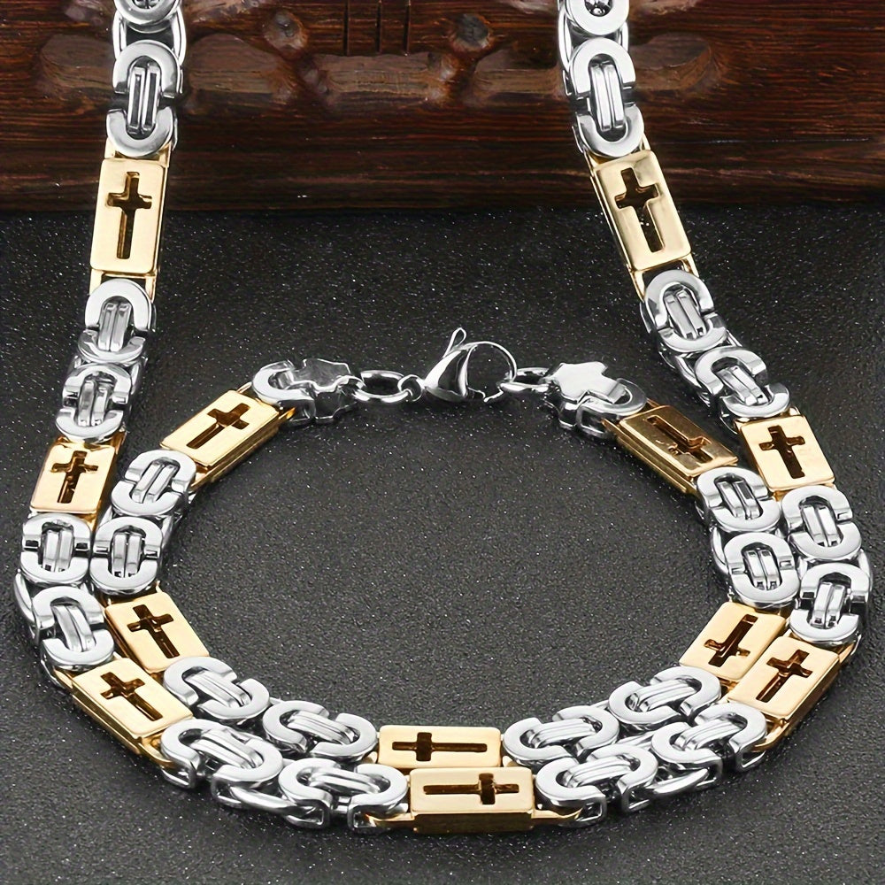 Men's Stainless Steel Necklace and Bracelet Set Golden Tone Hollow-Out Design 55.88cm/22.1in