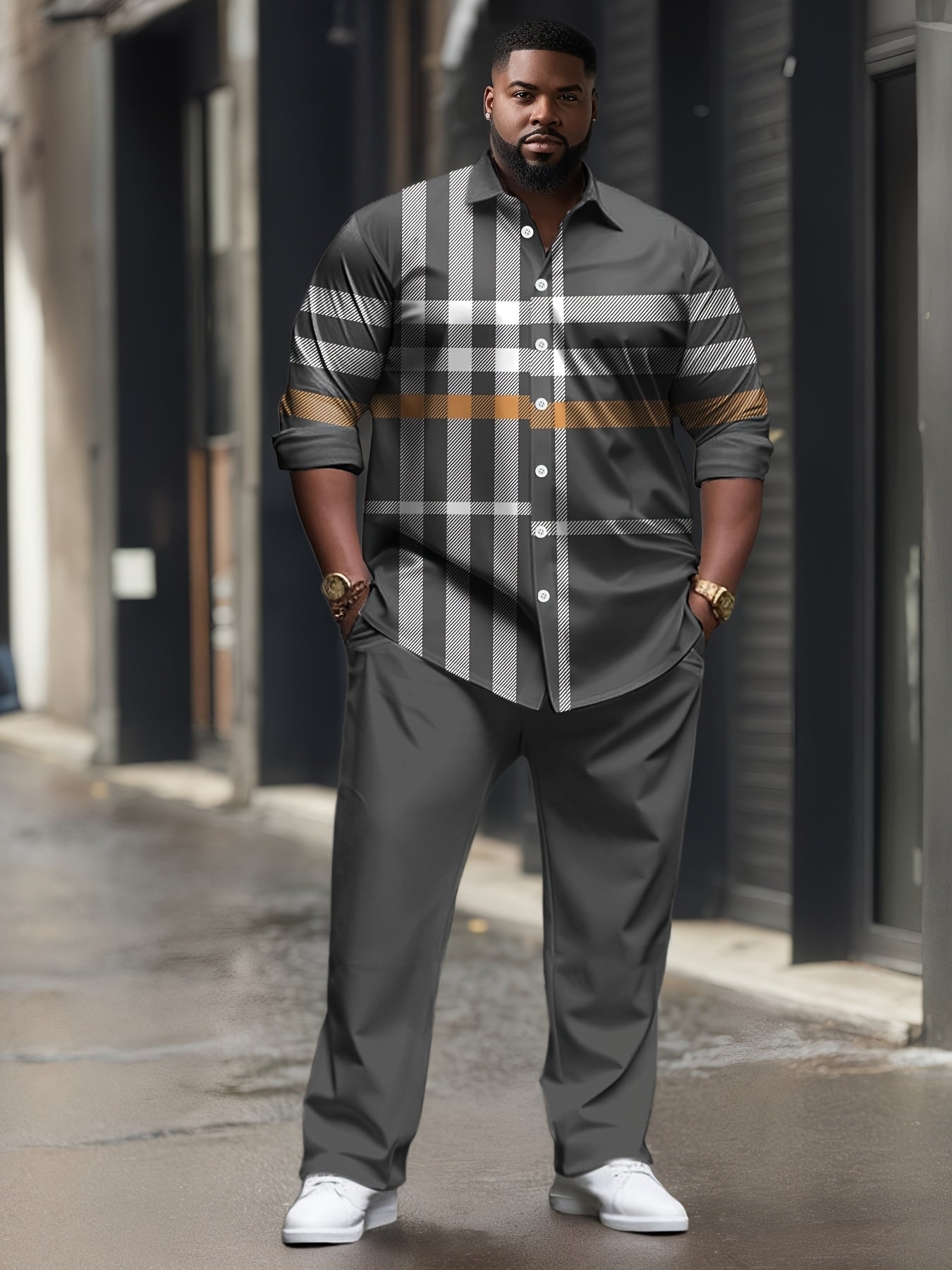 Мужской комплект из трикотажной рубашки большого размера в полоску из полиэстера, повседневный, с карманом