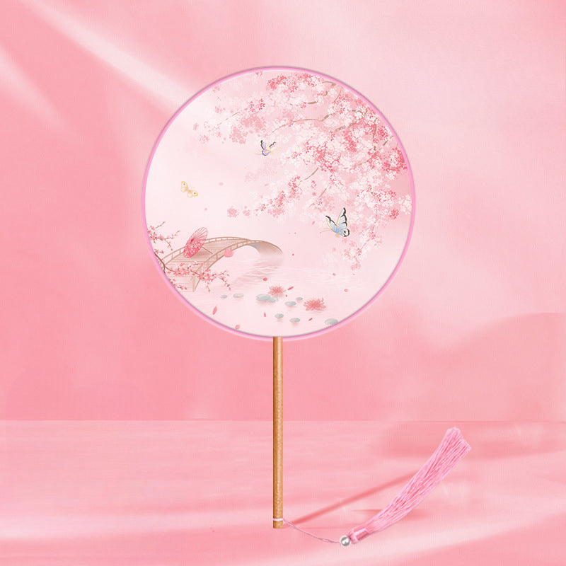 Girls Long Handle Dance Fan Traditional Hanfu Qipao Embroidered Summer Fan