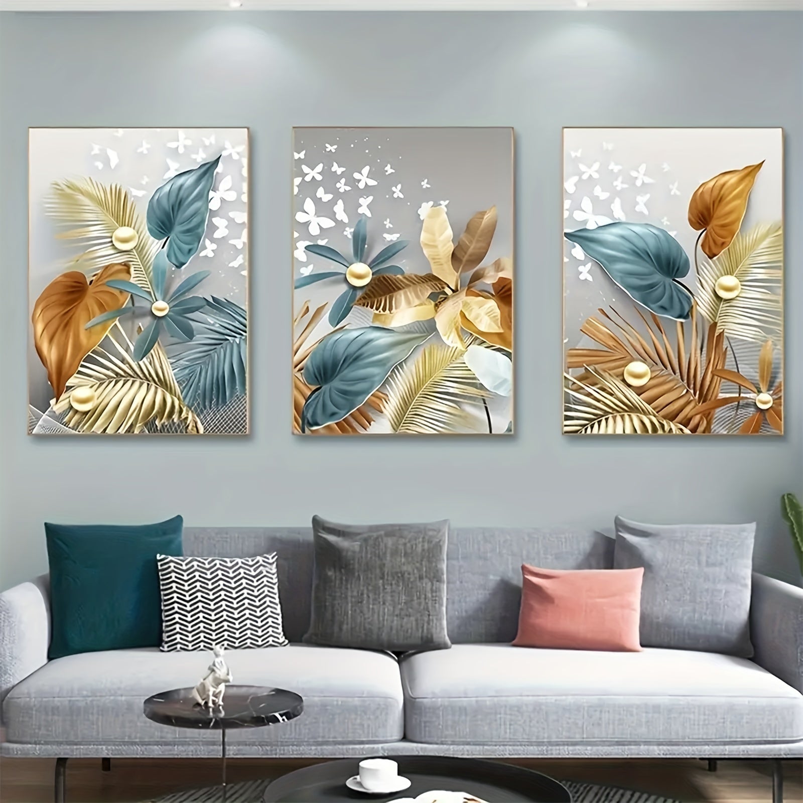 Frameless Canvas Wall Art Set of 3 Golden Butterfly Leaves Portrait 12x16 Inches