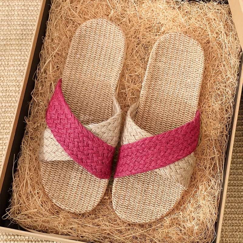 Women's Linen Slip-On House Slippers Non-Slip Indoor Outdoor Shoes Beige Brown Red