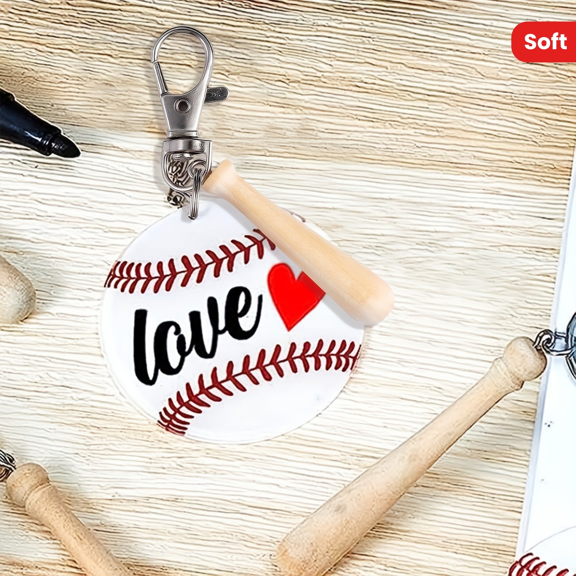 Juego de 18 llaveros de acrílico de béisbol y softbol con bate de madera en miniatura para favores deportivos