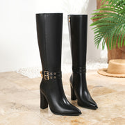 Women's Faux Leather Knee-High Block Heel Boots with Side Zipper