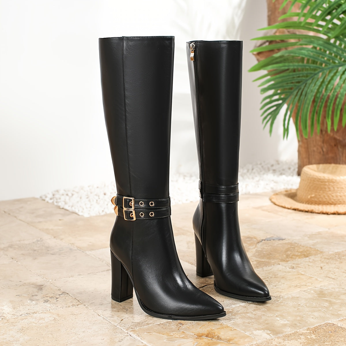 Women's Faux Leather Knee-High Block Heel Boots with Side Zipper