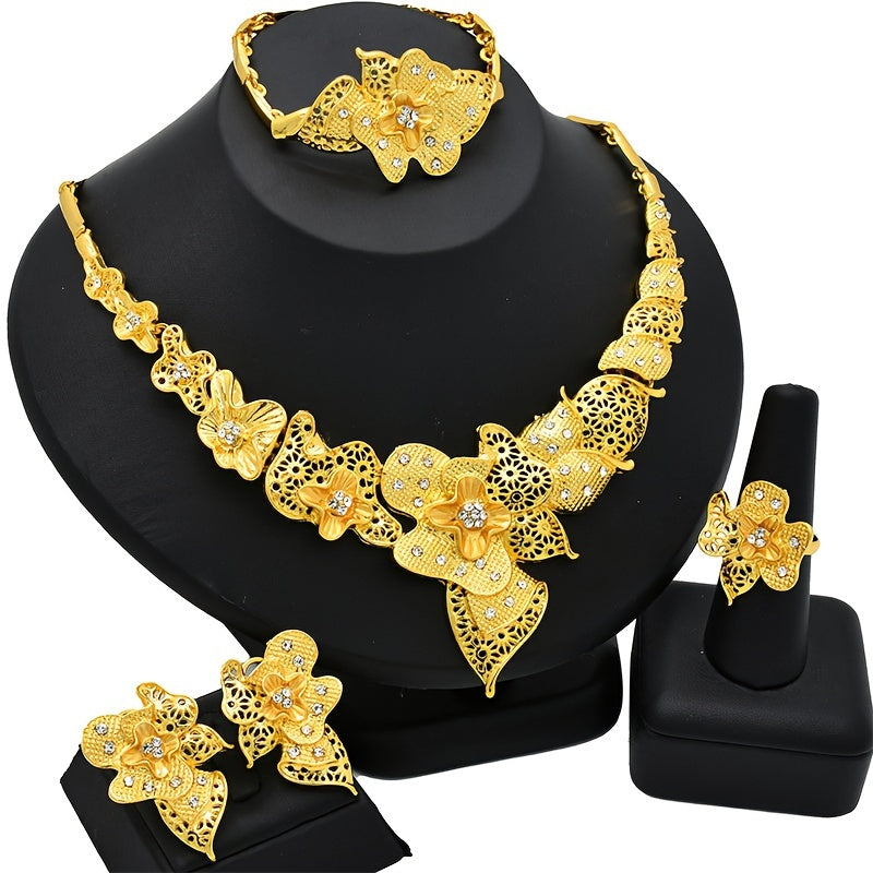 Gold Plated Hollow Flower Jewelry Set for Weddings and Parties Necklace Earrings Ring Bracelet