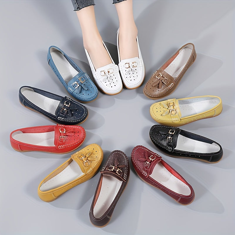 Women's Hollow Out Leather Loafers Flat Slip-On Shoes for Breathability