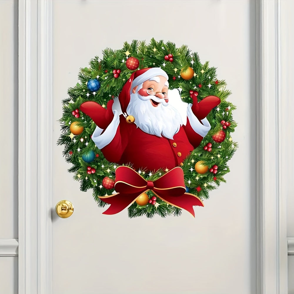Modern Santa Claus Wreath Window Stickers Reusable PVC Holiday Decor