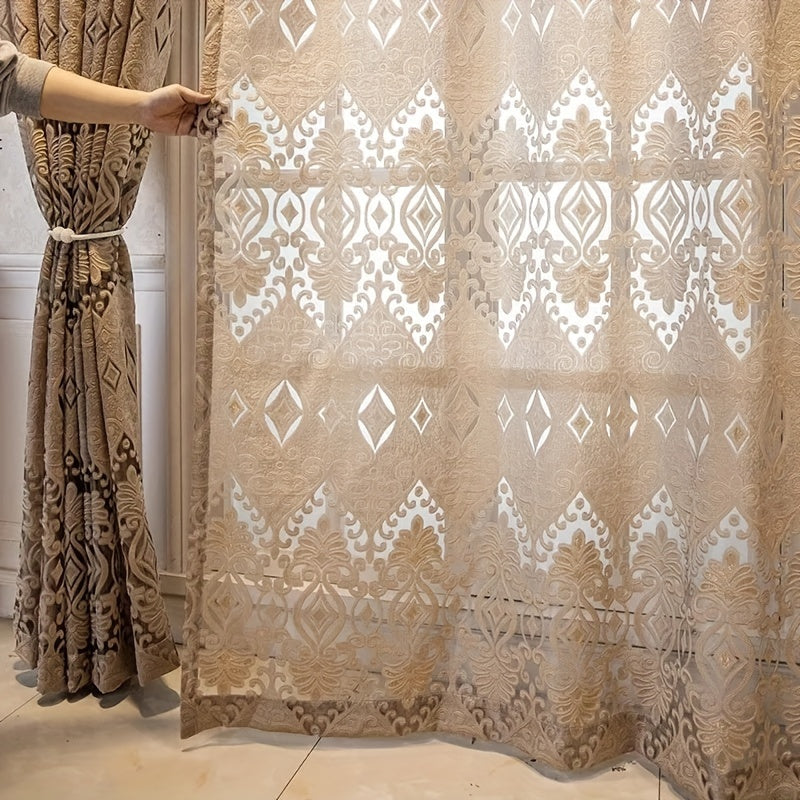 Sheer Curtains Set of 2 Brown and White European Villa Style Jacquard Embroidered for Living Room Bedroom