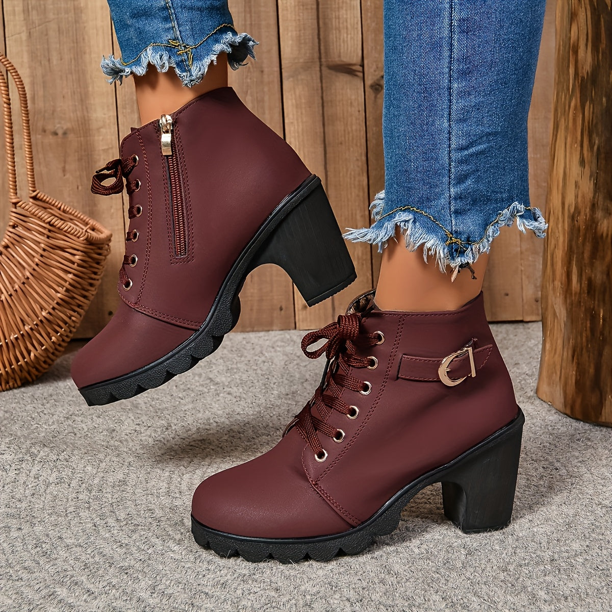 Women's Chunky Heel Ankle Boots Leather Side Zipper Casual Colors