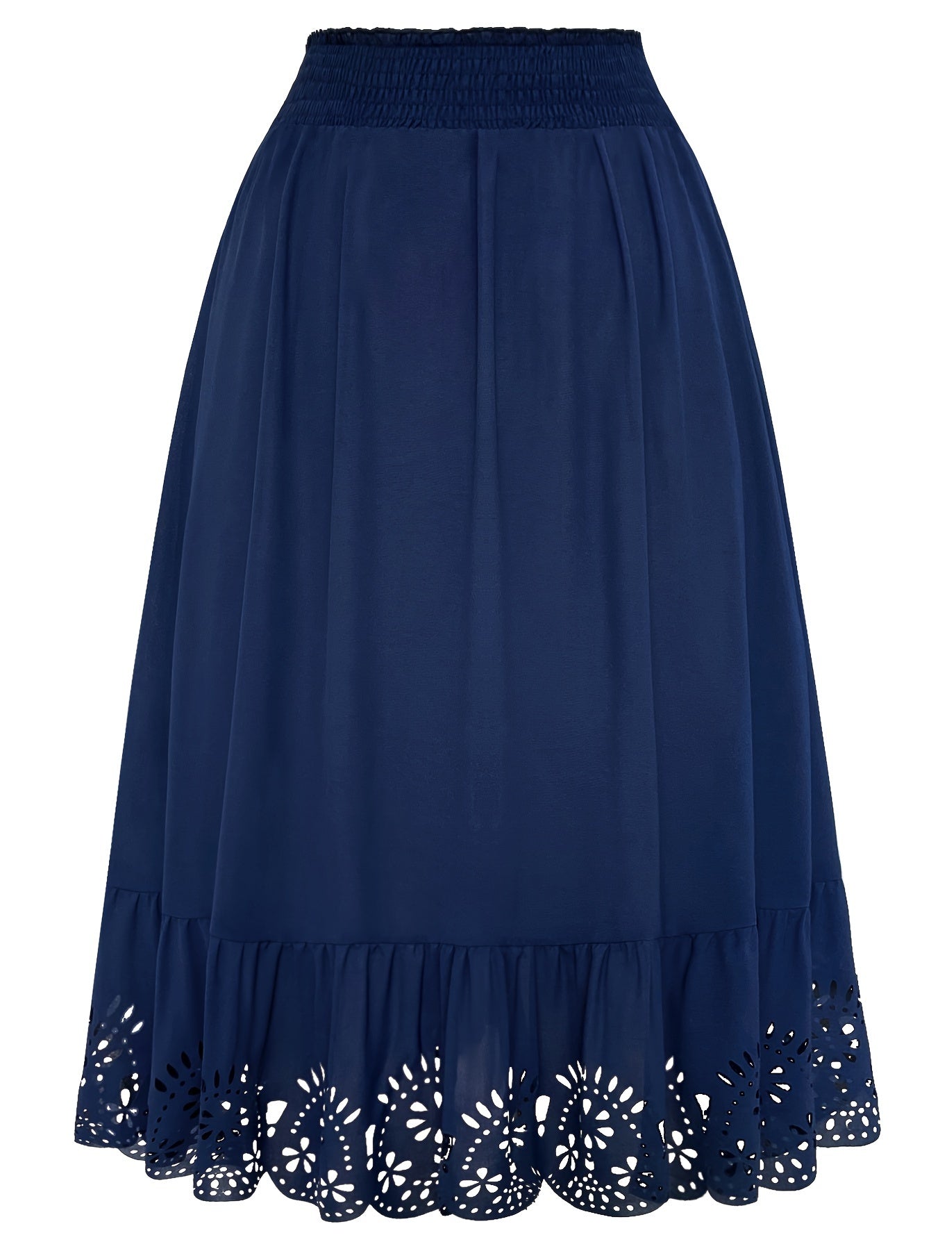 Plus Size Navy Blue Midi Skirt with Lace Details Ruffle Hem Summer Polyester