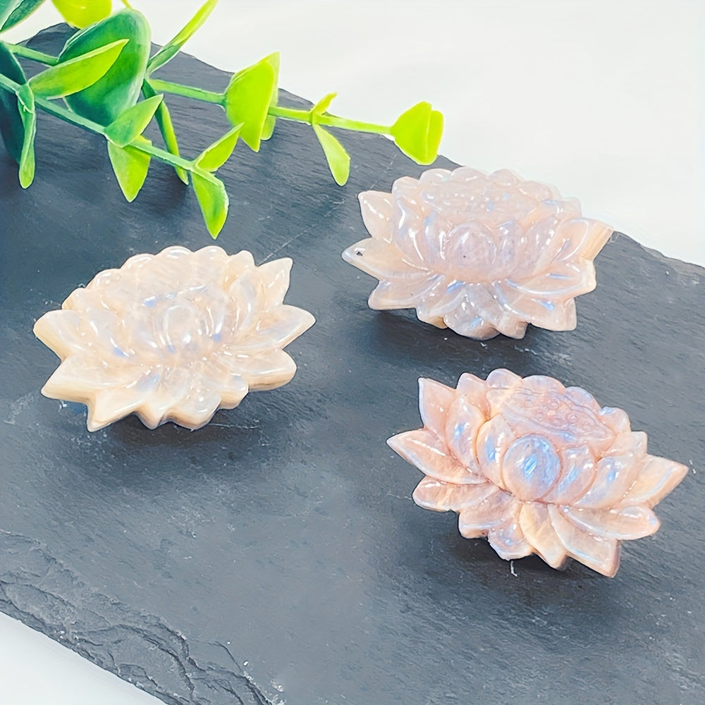 Ручная работа Лунный камень Лотос Цветок Скульптура Кристалл-камень Искусственный драгоценный камень Домашний декор