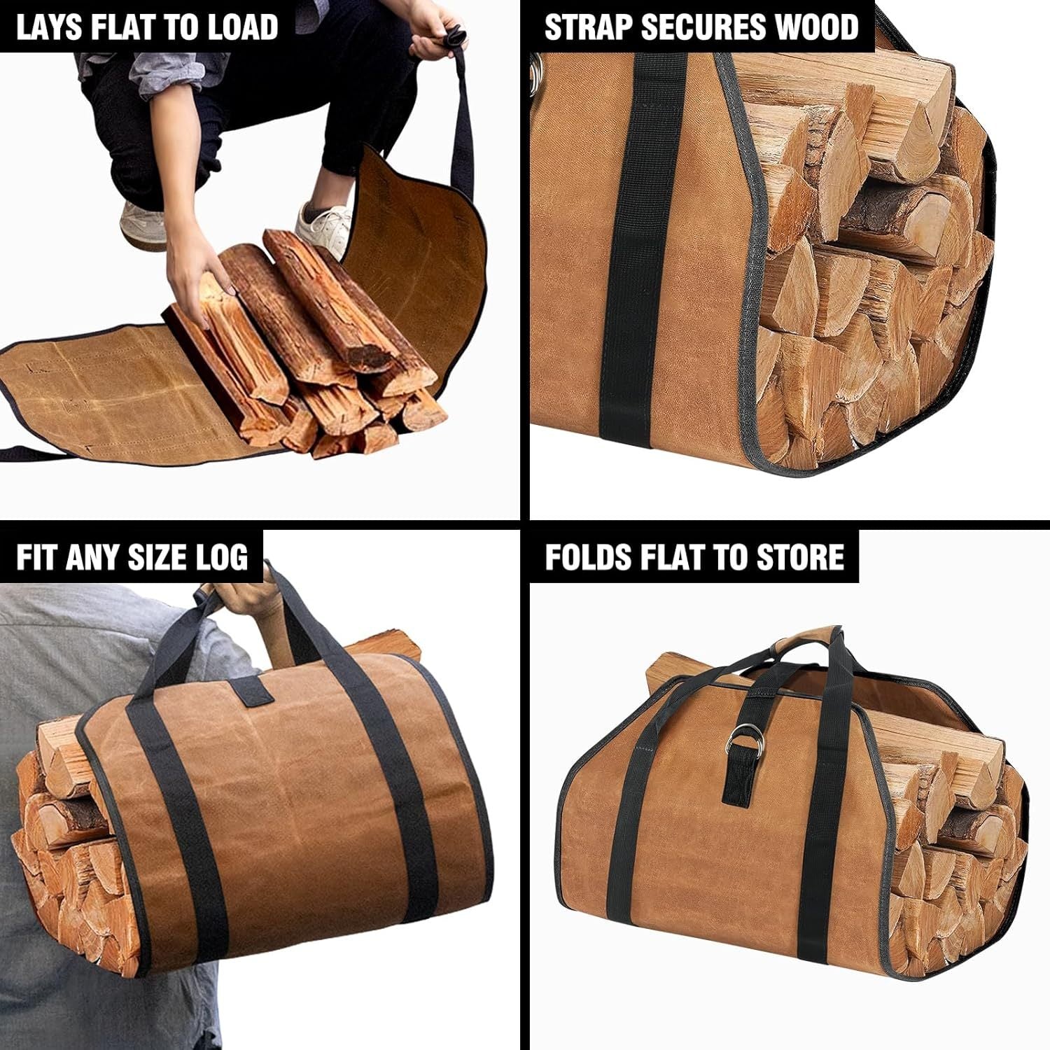 Heavy Duty Firewood Carrier Bag with Handles for Camping and Fireplace Storage