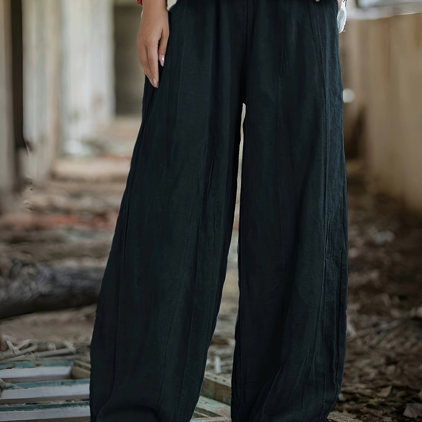 Women’s Plus Size Wide Leg Pants Olive Green Casual Trousers Pockets