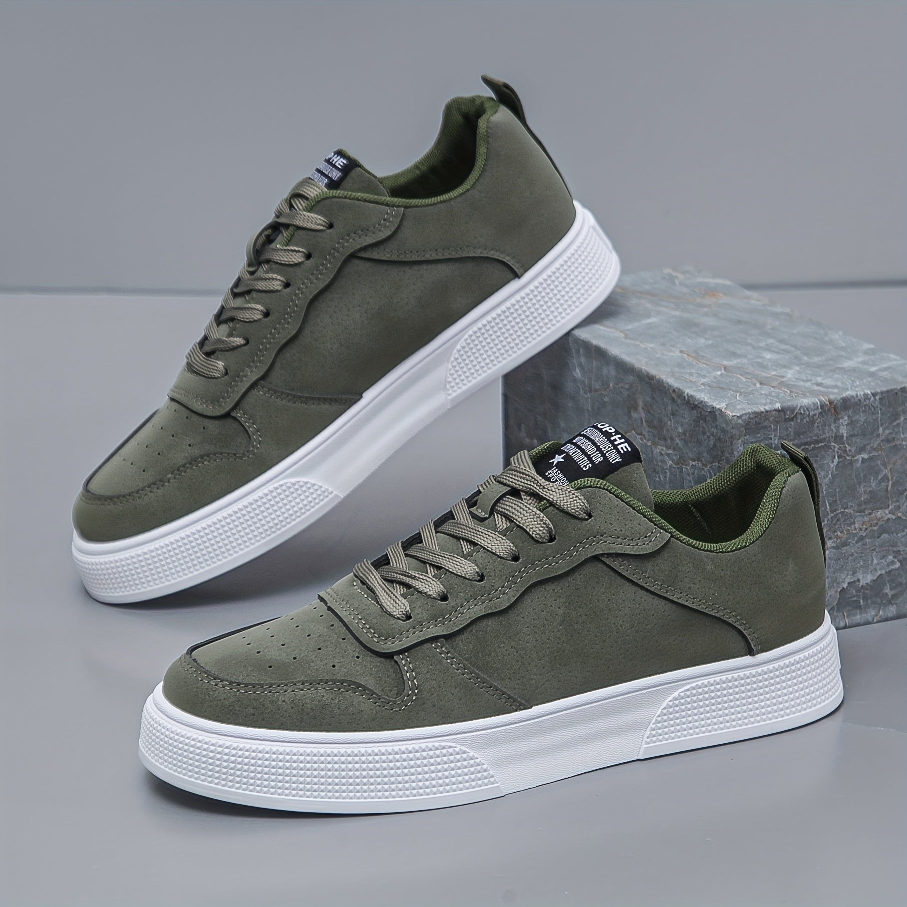 Men's Olive Green Lace-Up Sneakers with White Sole Breathable Fabric Outsole