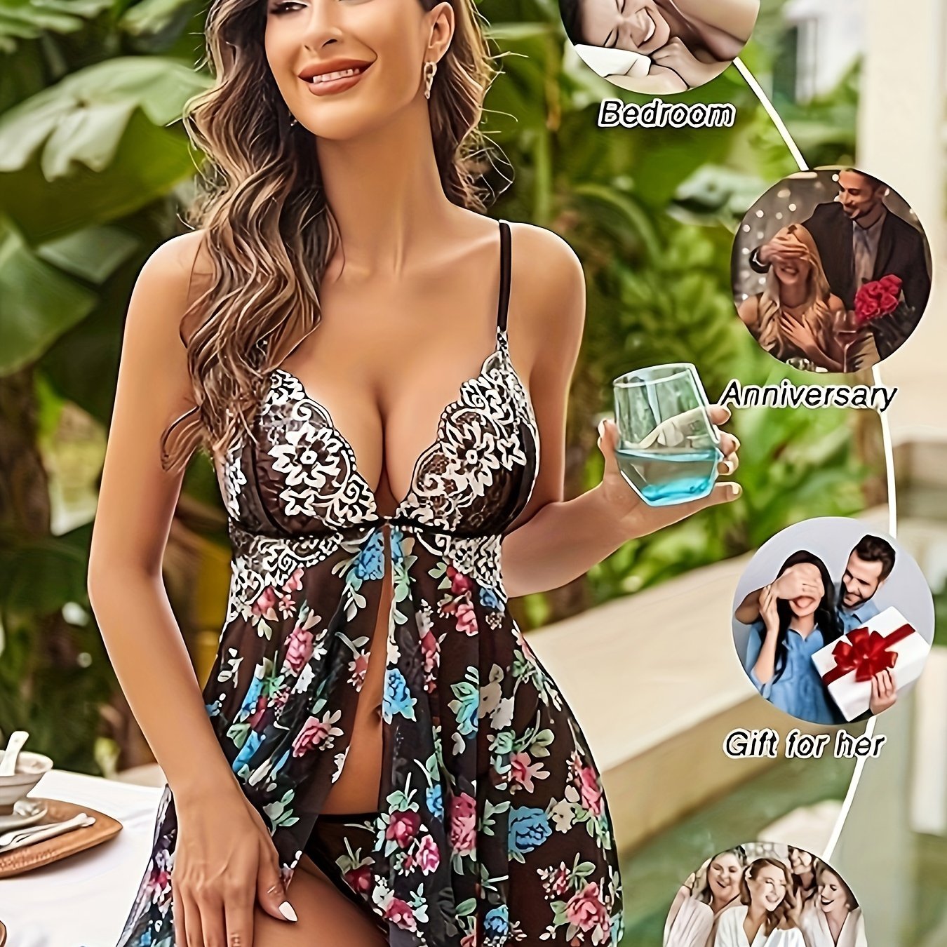 Women’s Mesh Print Pajamas and Robe Set with Thong