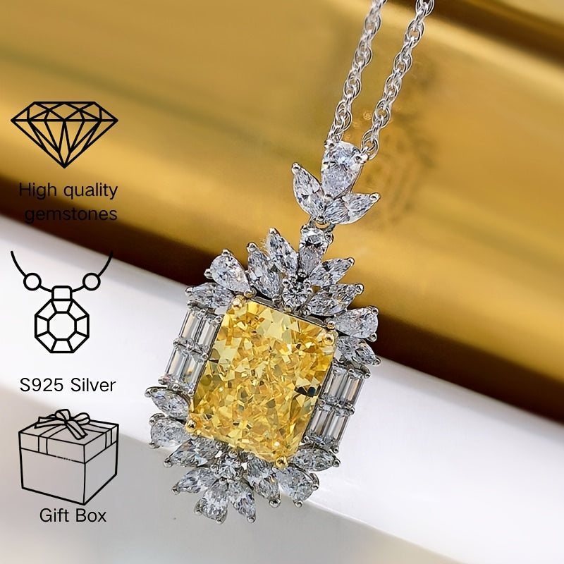 Sterling Silver Pendant Necklace with Yellow Synthetic Gemstone and Cubic Zirconia