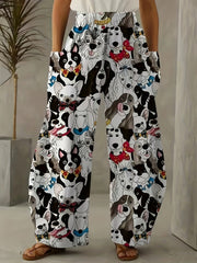 Pantalones anchos de mujer de talla grande con estampado de perros, pantalones casuales de poliéster con cintura elástica