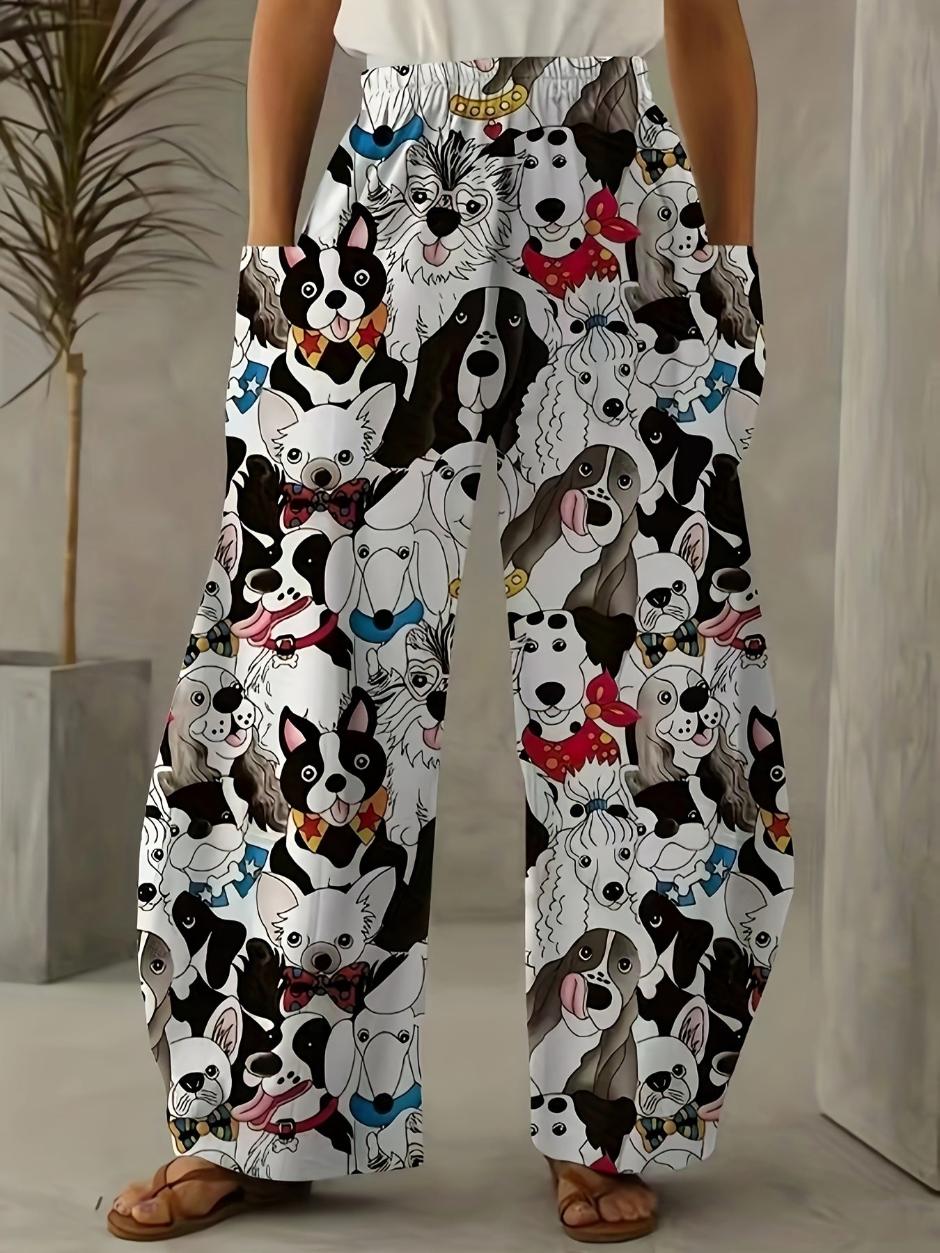 Pantalones anchos de mujer de talla grande con estampado de perros, pantalones casuales de poliéster con cintura elástica
