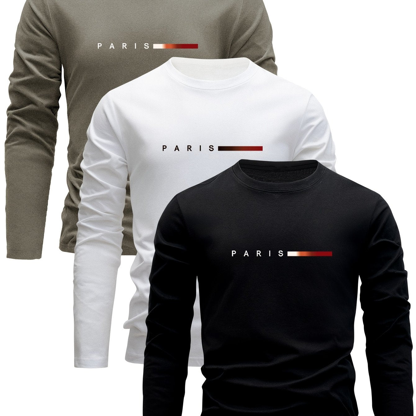 Set of 3 Men's Long Sleeve Cotton T-Shirts with Paris Print Casual Spring Fall Wear