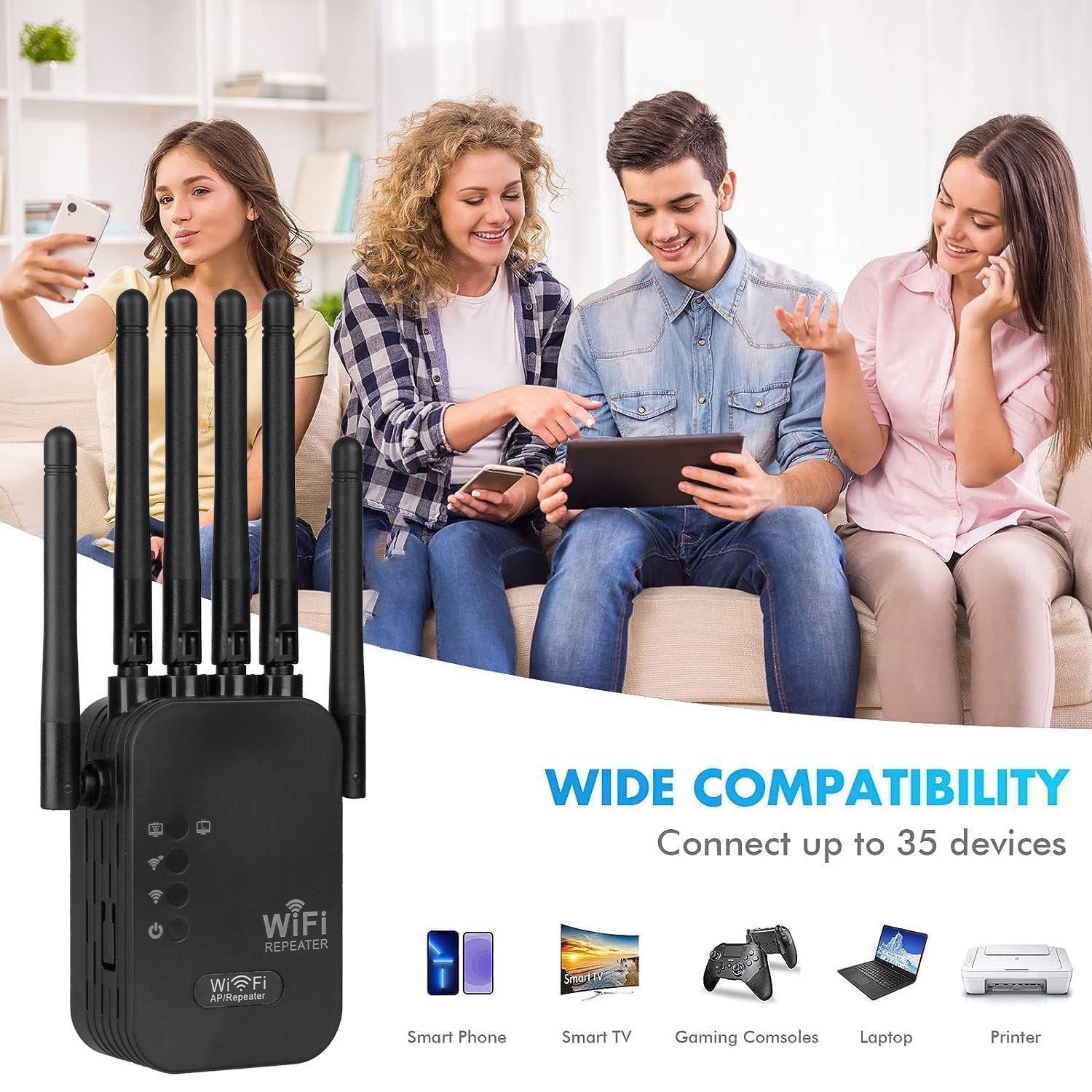 Extensor WiFi de doble banda 2.4G/5GHz 1200Mbps con puerto Ethernet y 6 antenas