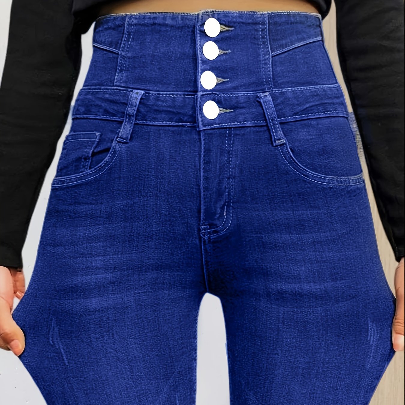 Jeans ajustados de talle alto para mujer de talla grande en mezclilla azul con ajuste elástico
