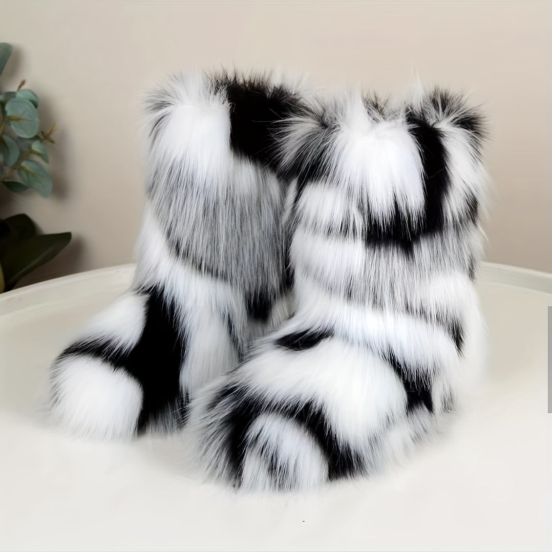 Women's Faux Fur Mid-Calf Boots Slip-On Flat Winter Casual