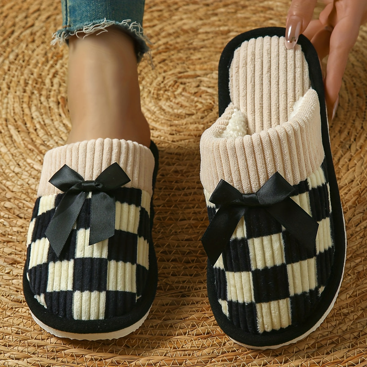 Unisex Plush Indoor Slip-On Slippers with Bow Accent Non-Slip EVA Sole