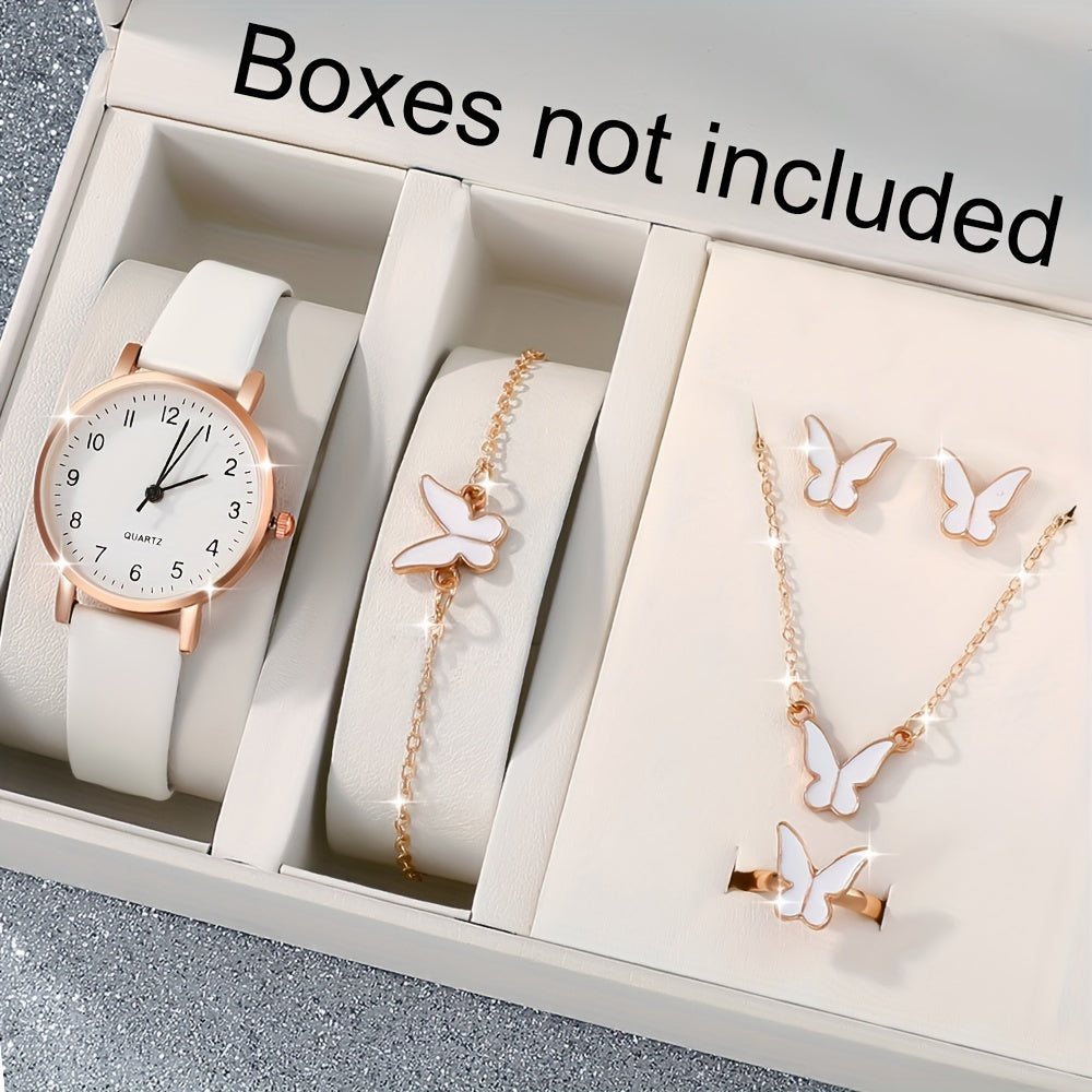 Women's Quartz Watch and Butterfly Jewelry Set with Faux Leather Strap for Gifts