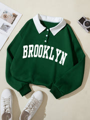 Women's All-Season Polyester Sweatshirt with Letter Print and Button Detail