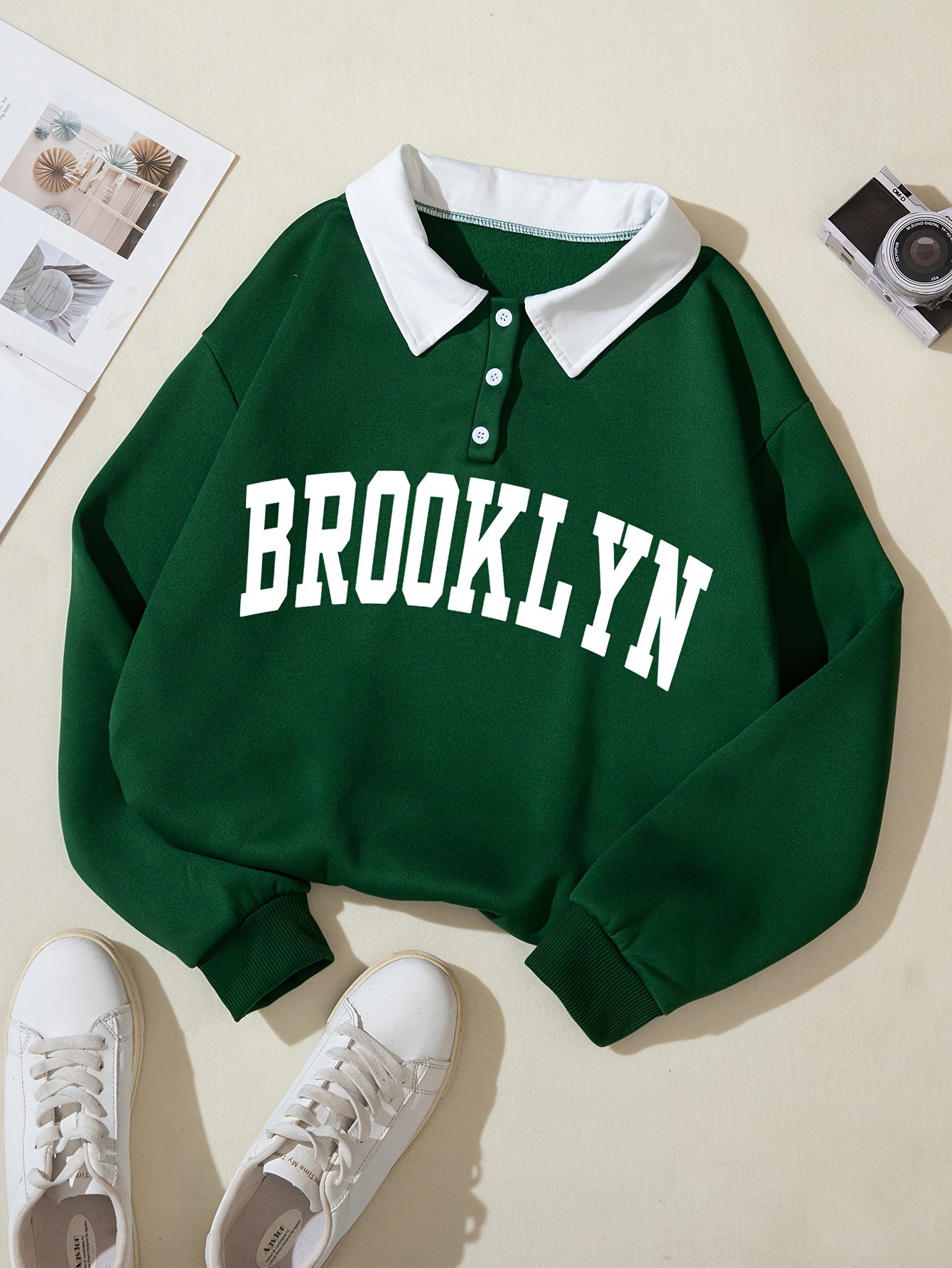 Women's All-Season Polyester Sweatshirt with Letter Print and Button Detail