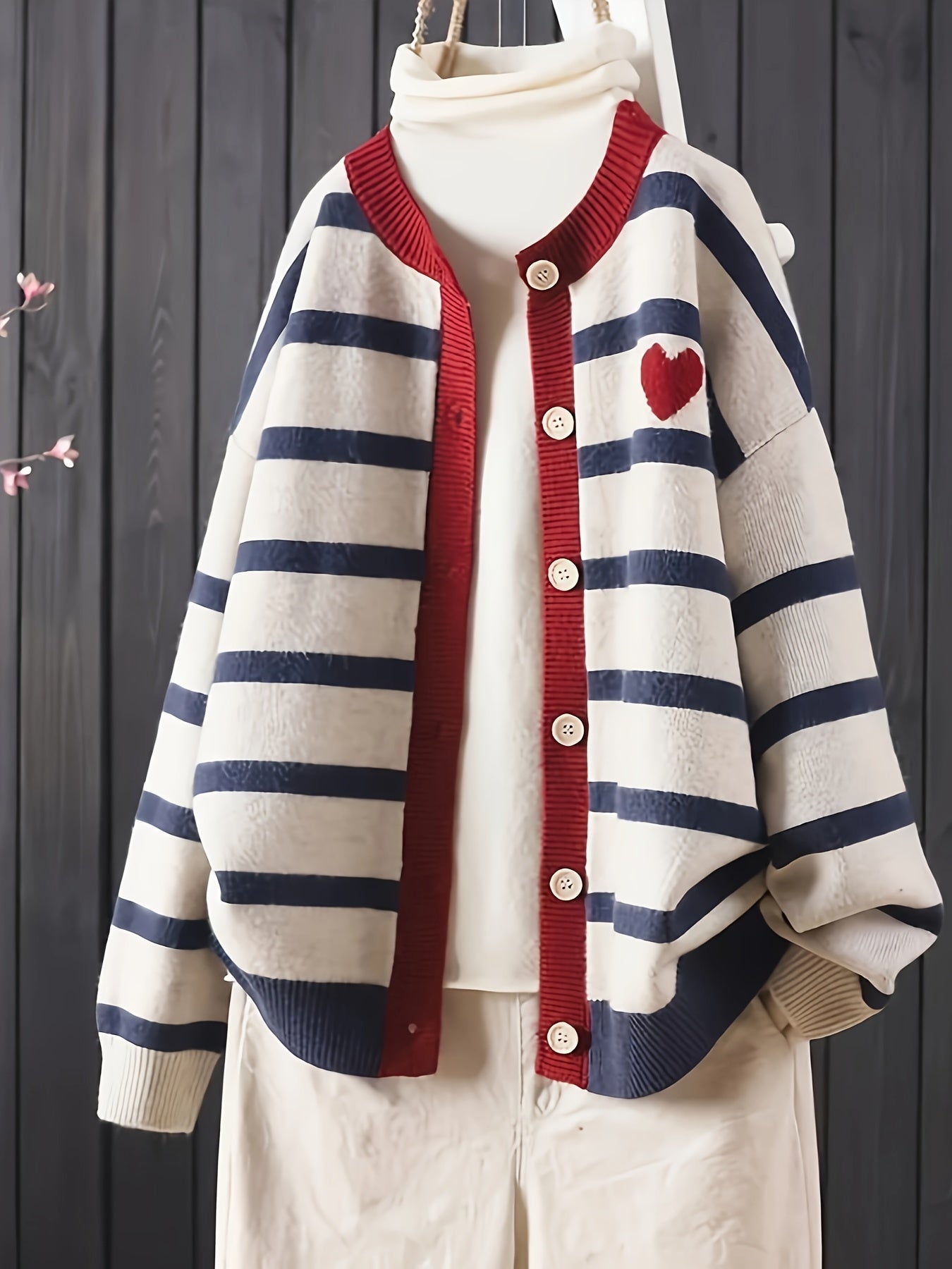 Women's Striped Heart Pattern Cardigan Casual Long Sleeve Round Neck Autumn Winter