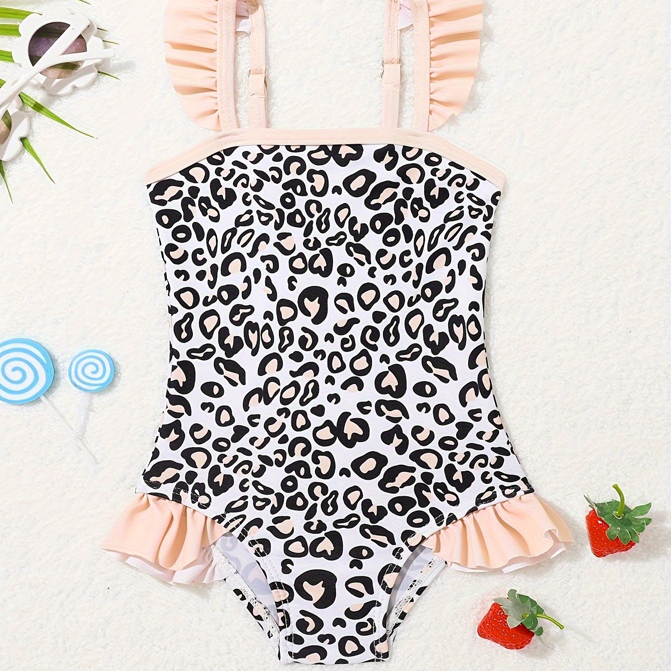 Qizlar uchun sevimli ananas naqshli bir qismli suzish kiyimi, tez quriydigan, cho'ziluvchan polyesterdan tayyorlangan, ruffle detali, bolalar uchun yelkasiz dizayn.