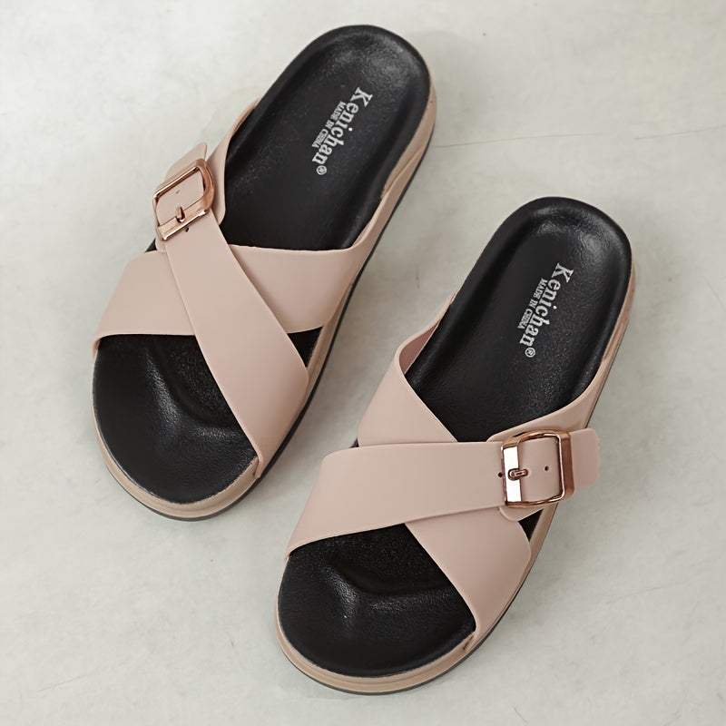 Women's Casual Slide Sandals Mid-Heel Cross Strap Open Toe Brown Black