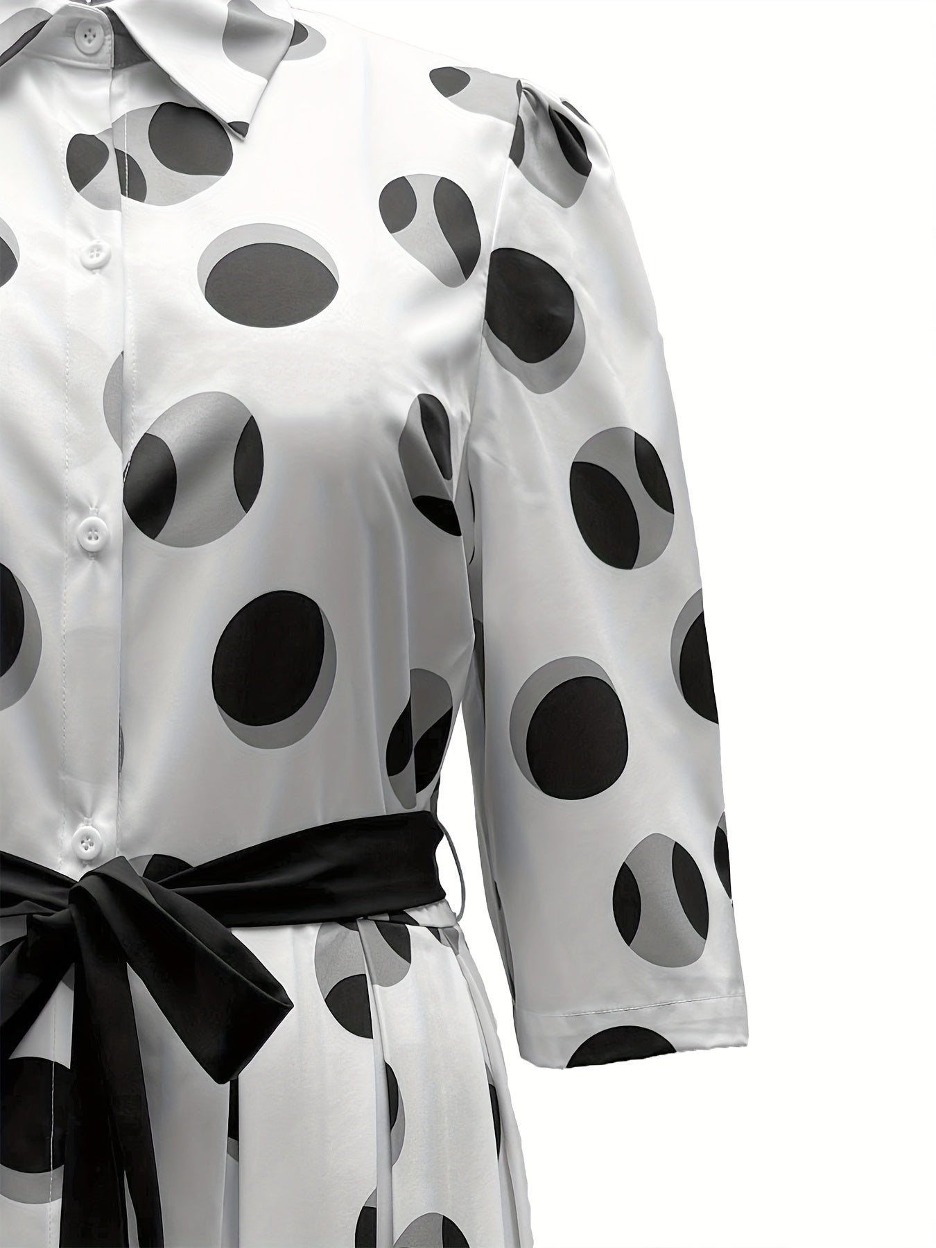 Vintage-Inspired Polka Dot Midi Shirt Dress with Belt and Collared Design