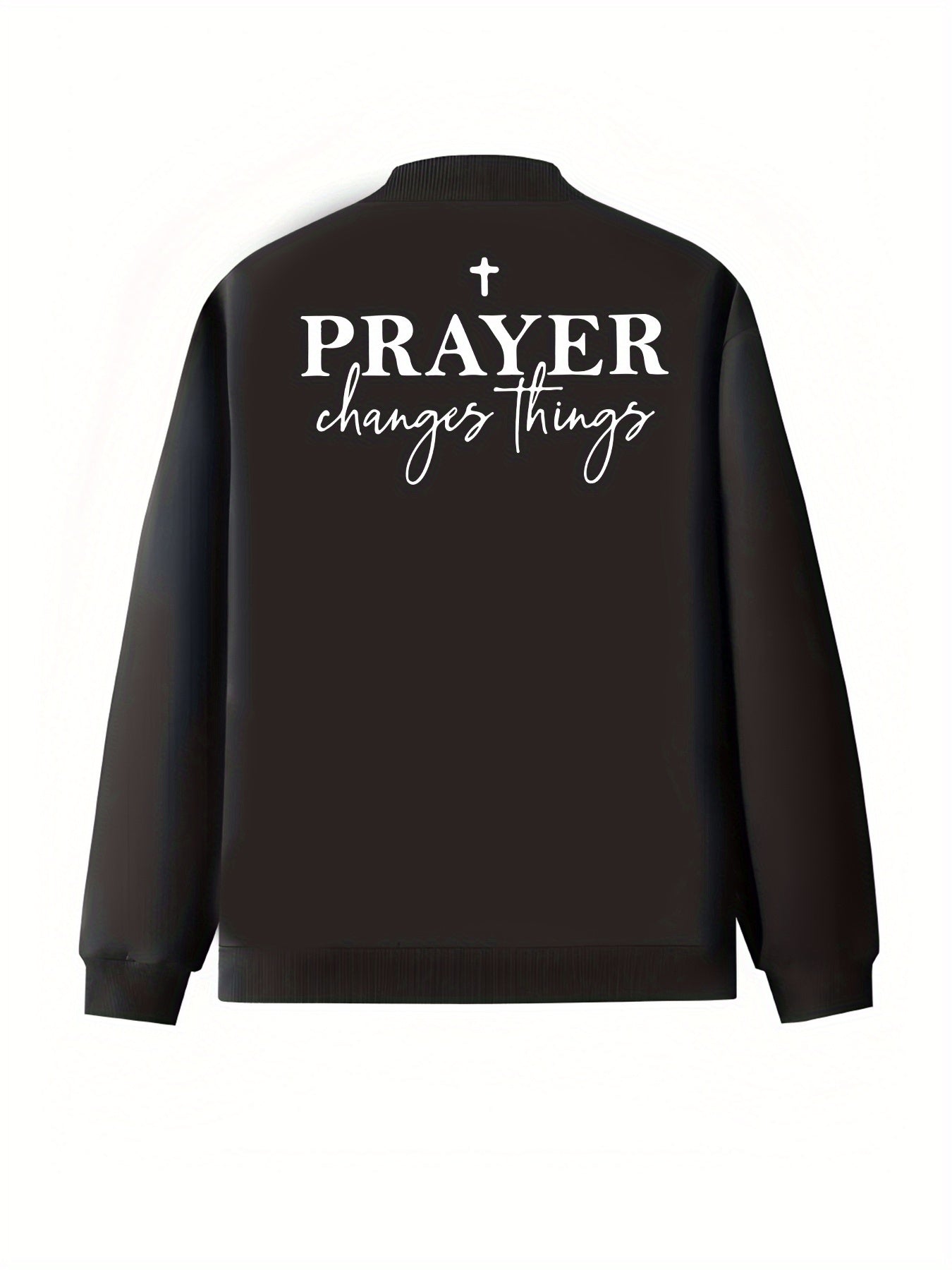 Plus Size Women's Black Jacket with Prayer Graphic Back Coat