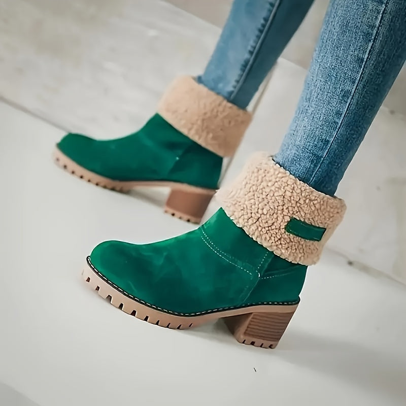 Women's Plush-Lined Chunky Heel Ankle Boots Solid Color Slip-On Winter Booties