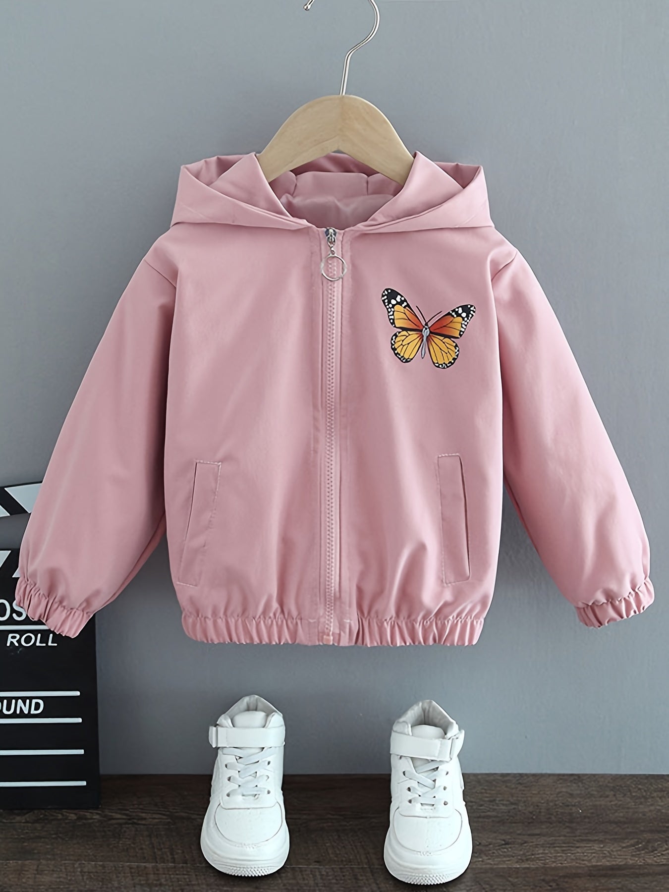 Girls Butterfly Sequin Hooded Jacket Spring Fall Casual Zip-Up Coat