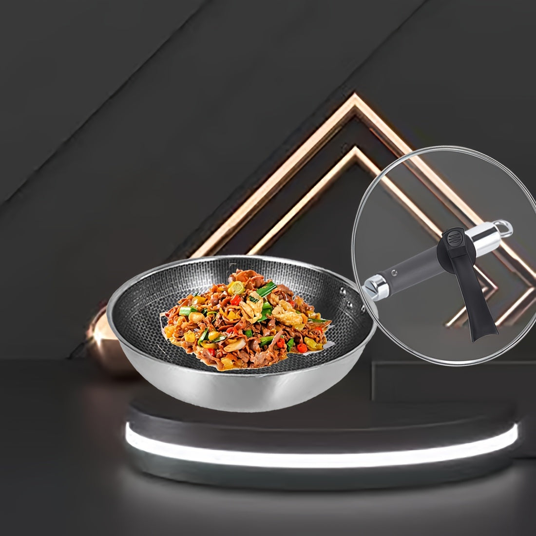 Wok de panal de acero inoxidable con tapa de cristal, antiadherente, soporte de hierro fundido, apilable
